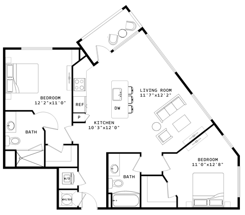 Floor plan for 2 beds, 2 baths, 1091 sqft